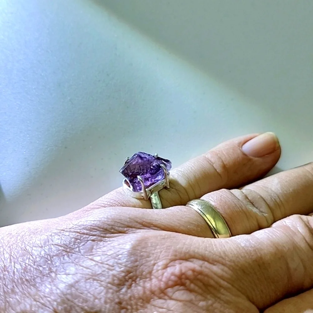 NEW 925 Silver Plated Amethyst Rough Natural Gemstone Ring Jewelry US Size 7.5